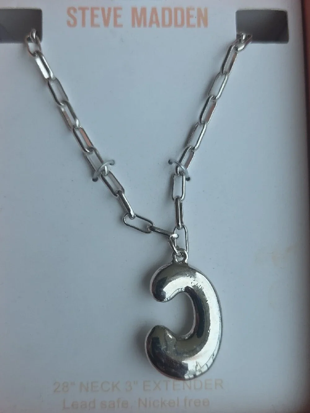 FunSteve Madden Silver 'C' Pendant Necklace w/ Amber Stone Accents